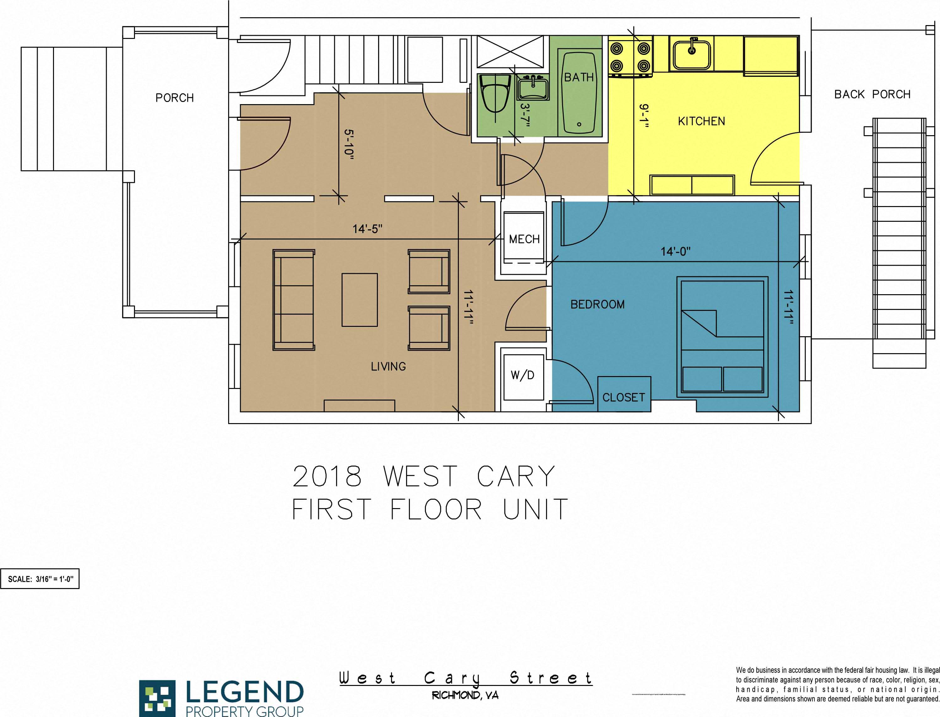 Floor plan for 1 bed, 1 bath, 691 sqft